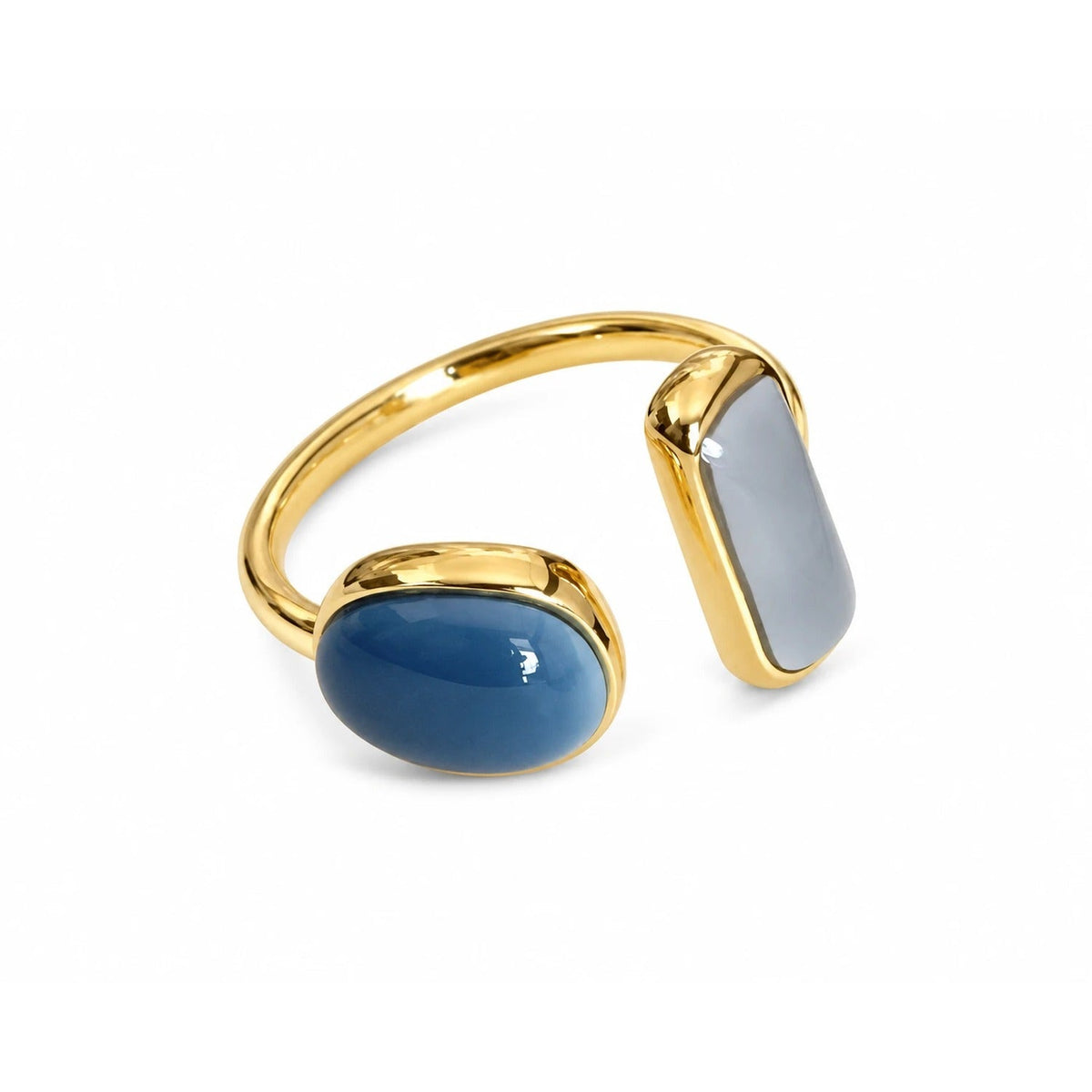 AI. open gold-tone ring with deep blue and grey-blue stones