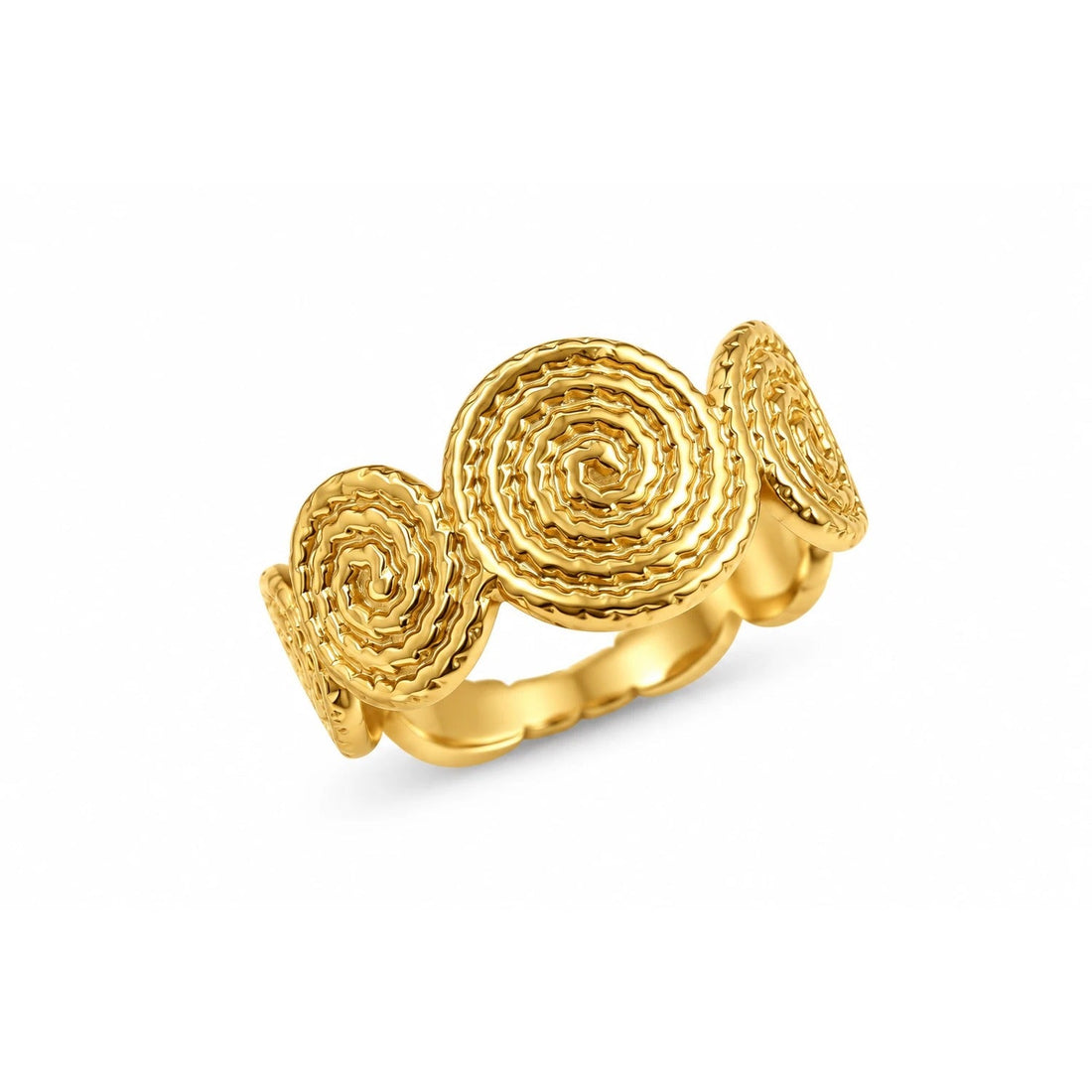 ENSO. gold-tone ring with three textured spirals