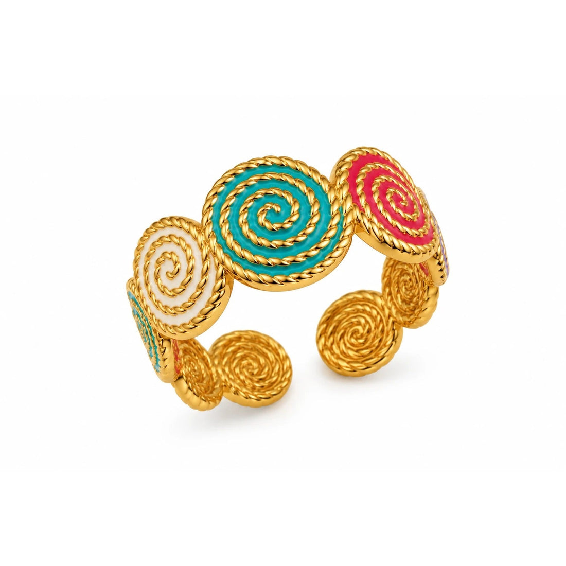 UZU. gold-tone ring with white, turquoise and pink enamel spirals